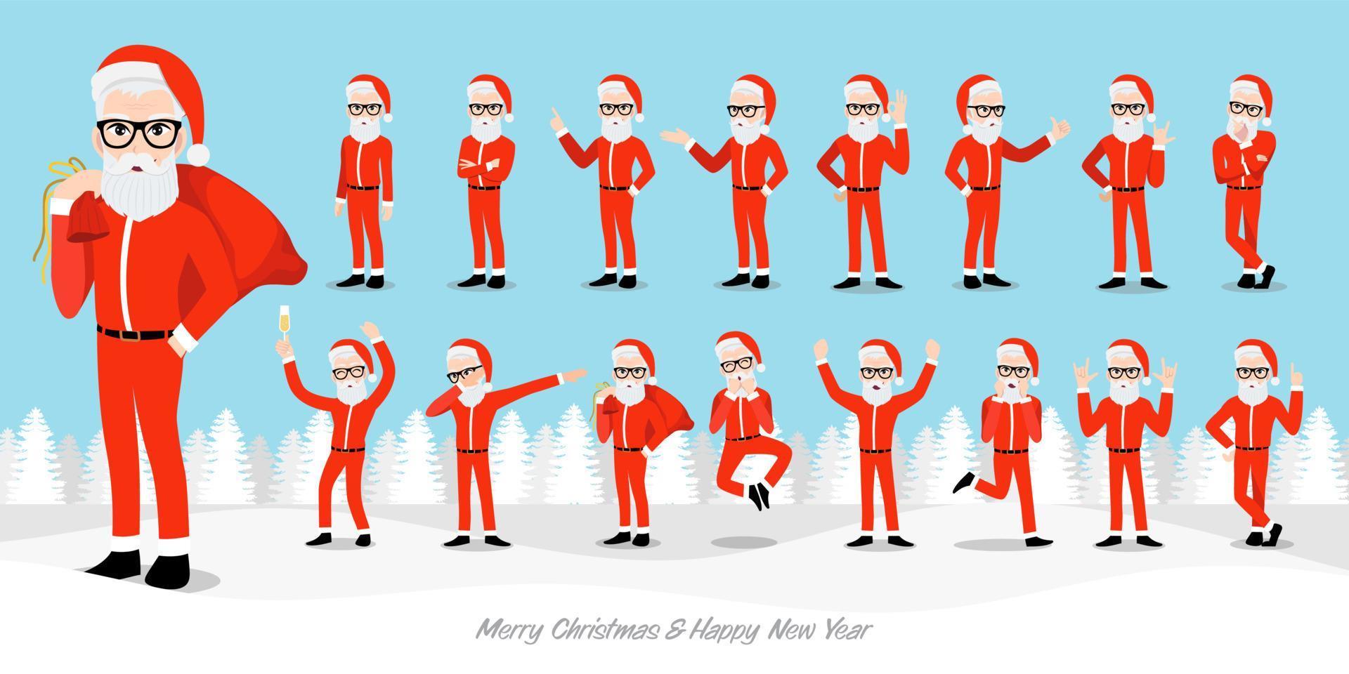 conjunto de personagens de desenhos animados hipster de papai noel. homem de natal bonito no festival de natal e feliz ano novo em fundo de neve. ilustração vetorial vetor