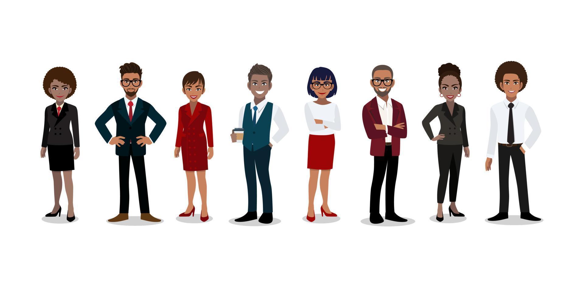 grupo de personagem de desenho animado de empresários africanos ou americanos. empresário africano ou americano e empresária em terno inteligente estilo escritório e casual. ilustração vetorial vetor