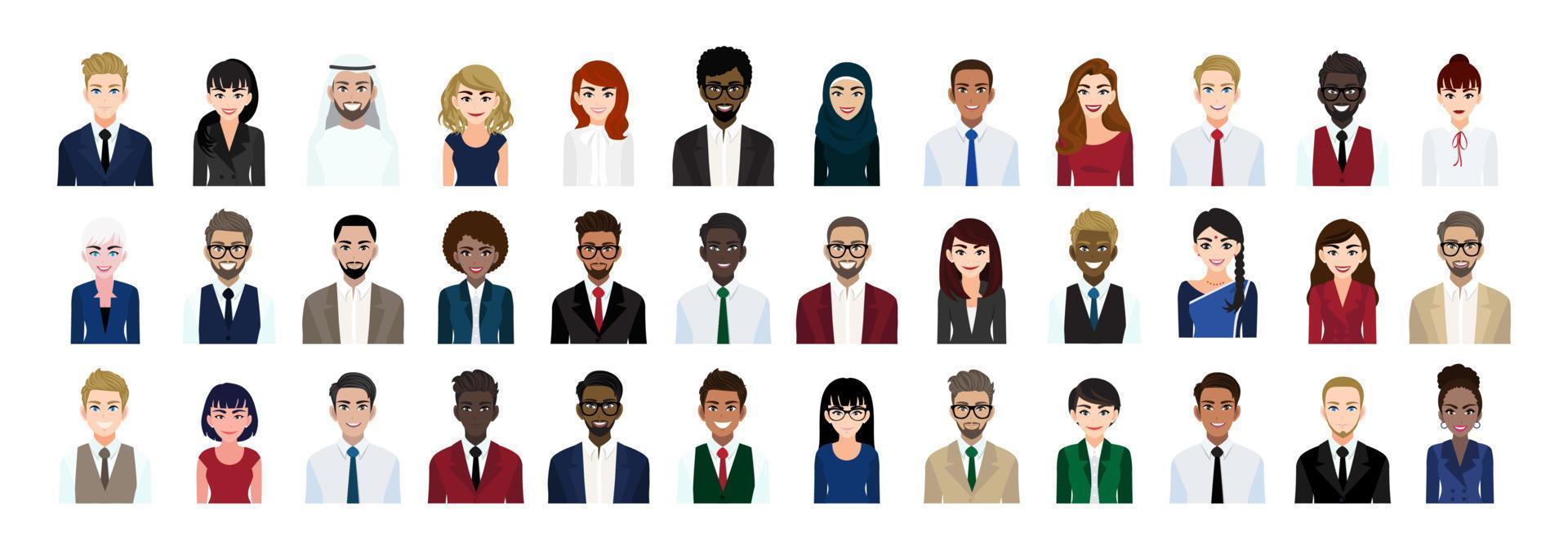 conjunto de coleção de cabeça de personagem de desenho animado de pessoas de negócios. empresários e empresárias em estilo de escritório em fundo branco. ilustração vetorial plana vetor