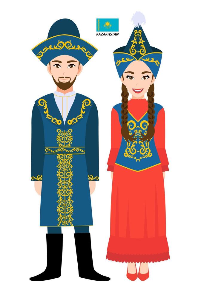 casal de personagens de desenhos animados em traje tradicional do cazaquistão vetor