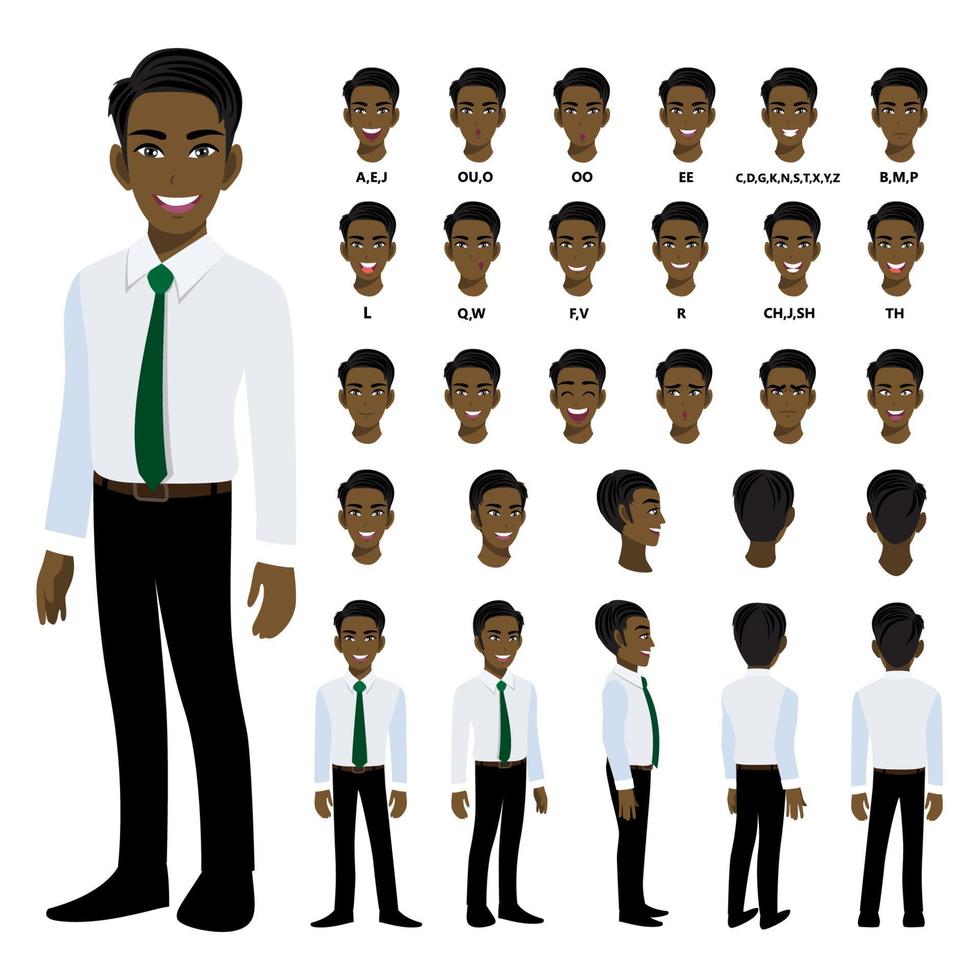 personagem de desenho animado com homem de negócios africano americano em camisa inteligente para animação. frente, lado, costas, 3-4 caracteres de vista. partes separadas do corpo. ilustração vetorial plana. vetor