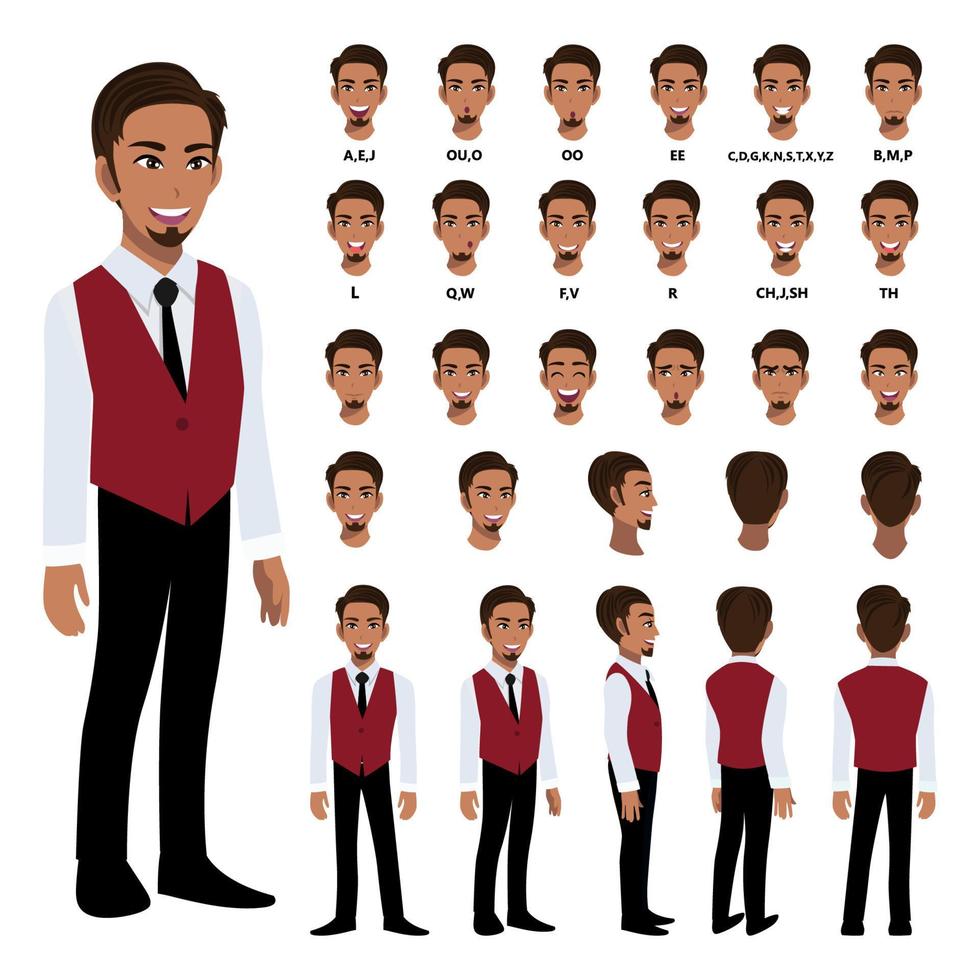 personagem de desenho animado com homem de negócios bonito na camisa inteligente para animação. frente, lado, costas, 3-4 caracteres de vista. partes separadas do corpo. ilustração vetorial plana. 298 vetor