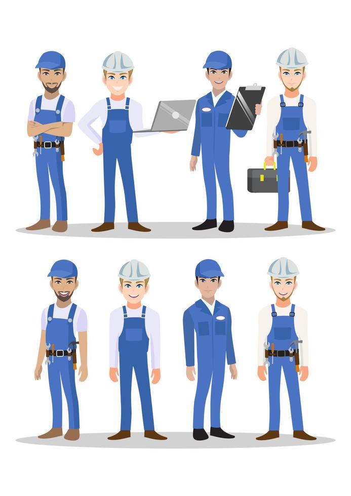 engenheiro, técnico, construtores e mecânicos, personagem de desenho animado de trabalho em equipe ou estilo de ícone plano. ilustração vetorial vetor