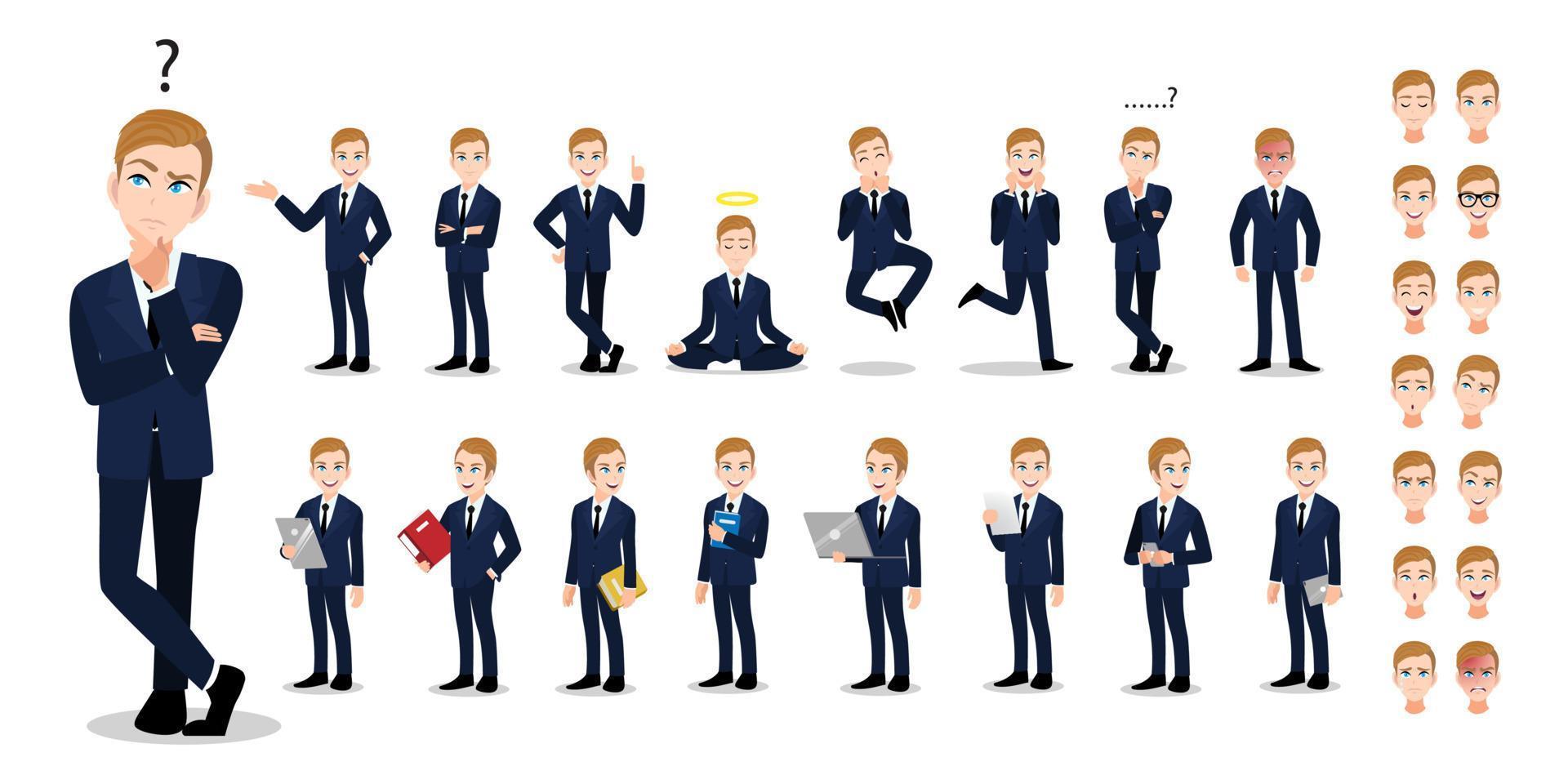 conjunto de personagens de desenhos animados do empresário. homem de negócios bonito no terno inteligente de estilo de escritório. ilustração vetorial 198 vetor