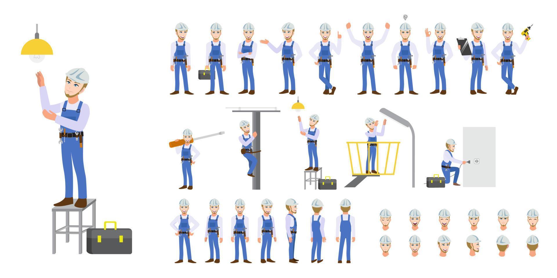 trabalhador técnico eletricista, engenheiro, trabalhador da construção civil e conjunto de personagens de desenhos animados de mecânica e animação. frente, lado, costas, 3-4 caracteres de vista. ilustração vetorial plana vetor