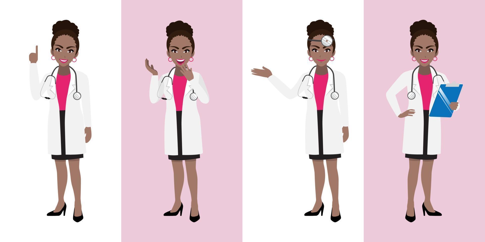 conjunto de personagens de desenhos animados de médica, médica africana americana em poses diferentes, trabalhador médico ou equipe hospitalar. ícone plano de desenho animado médico em um vetor de fundo branco e rosa