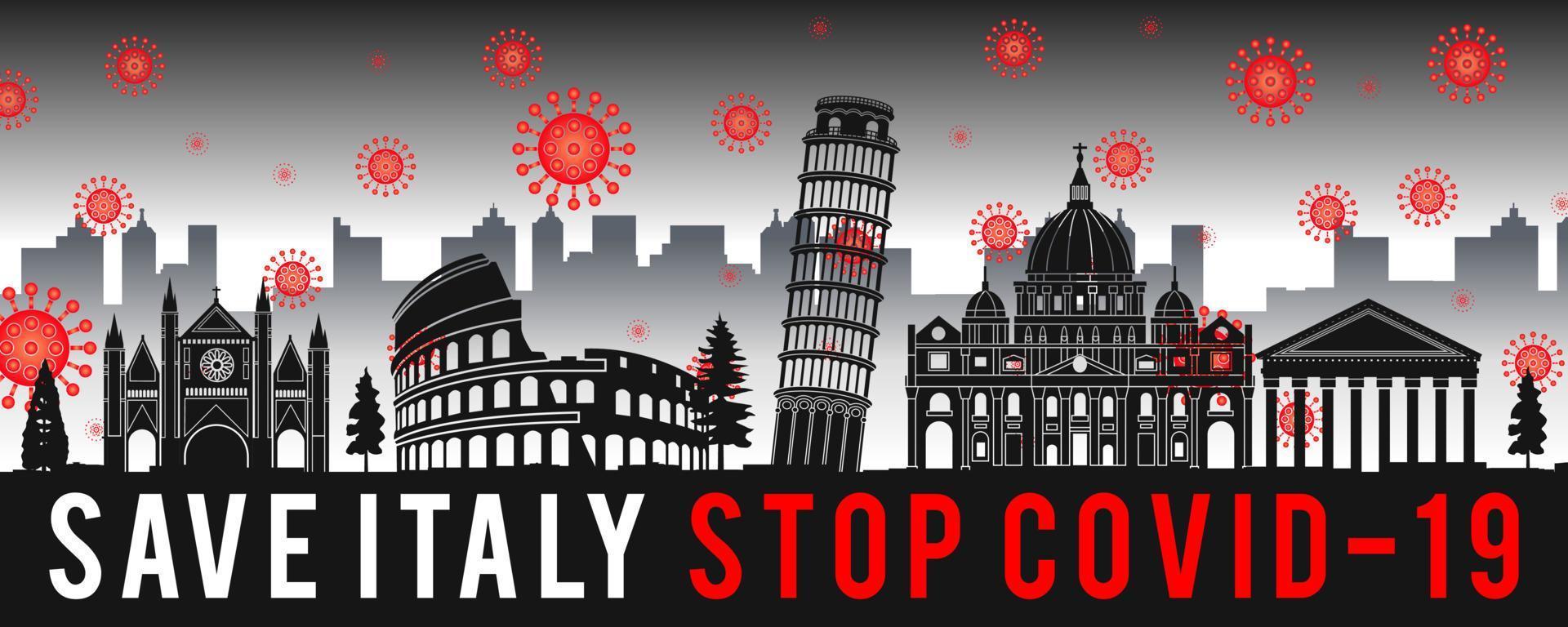 arte conceitual com coronavírus sobrevoa marcos da itália vetor