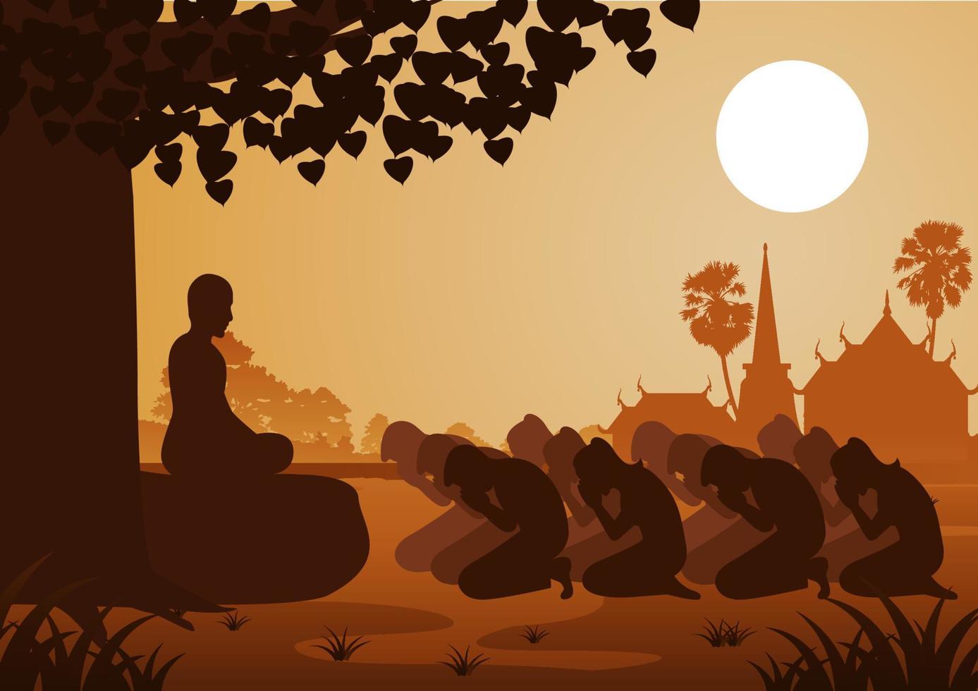mulheres e homens budistas respeitam o monge educadamente com fé e acreditam vetor