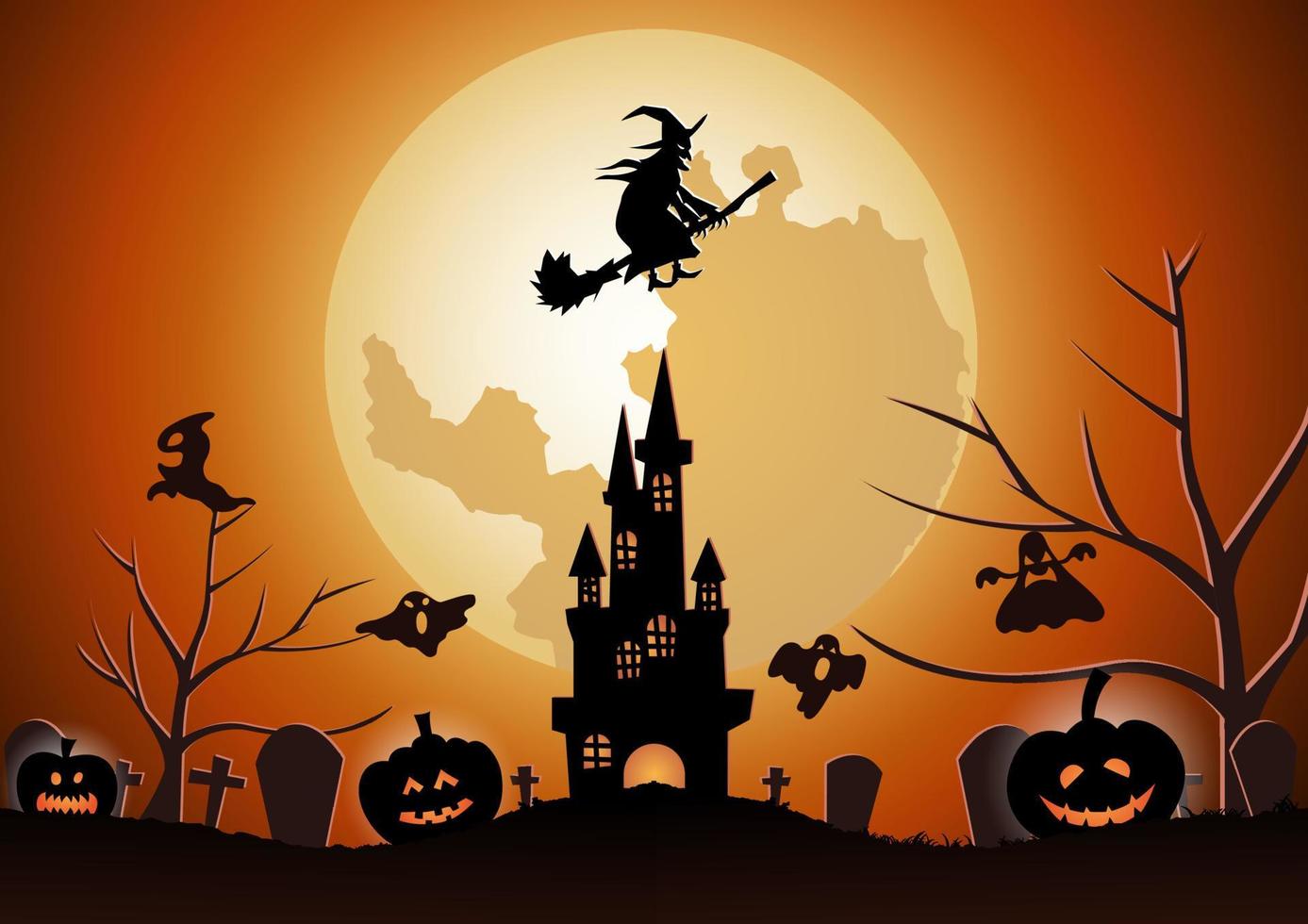 fundo de halloween com a bruxa voar com vassoura mágica na noite de halloween vetor