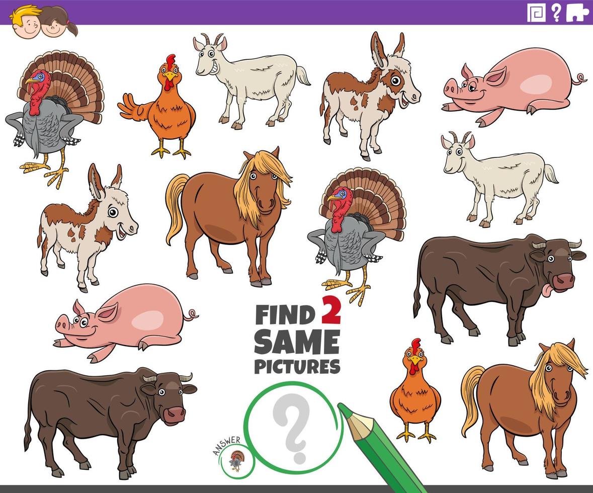 encontrar dois mesmos animais de fazenda dos desenhos animados tarefa educacional vetor