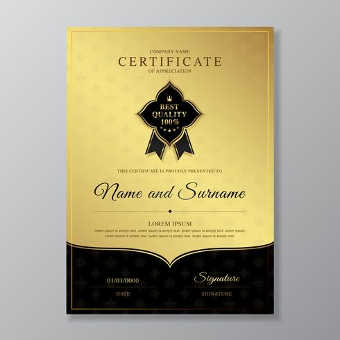 Certificado de ouro e preto e diploma de luxo de apreciação e design moderno modelo vector illustration