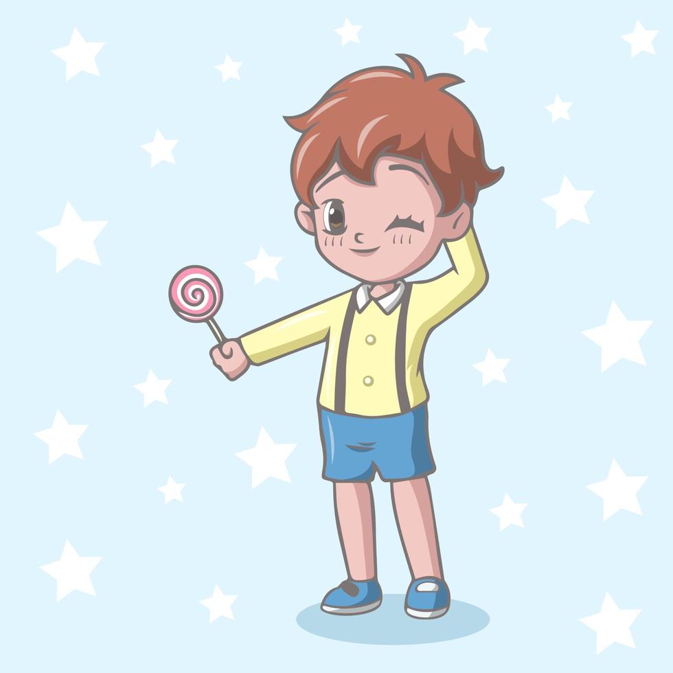 desenho animado garotinho segurando pirulito doce vetor