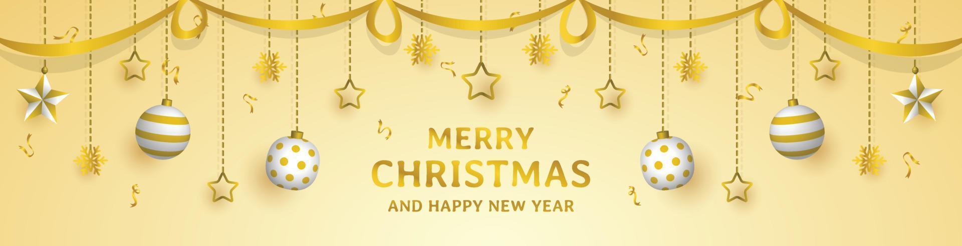 banner de feliz natal, feliz ano novo, com enfeites pendurados, gráfico de vetor de design de estilo de luxo