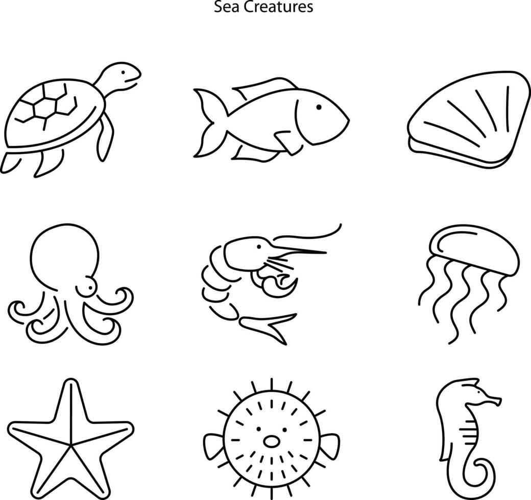 conjunto de ícones de linha de criaturas do mar. conjunto de ícones de linha em fundo branco. conceito marítimo. concha, tartaruga, peixe, baleia. ilustração vetorial pode ser usada para tópicos como mar. vetor