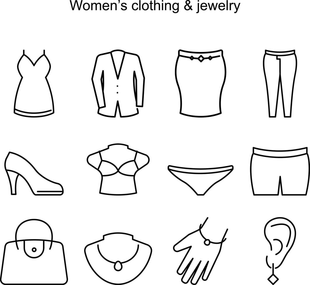 ícones de roupas femininas, ícones de joias, ilustração de roupas femininas, ilustração de joias. vetor