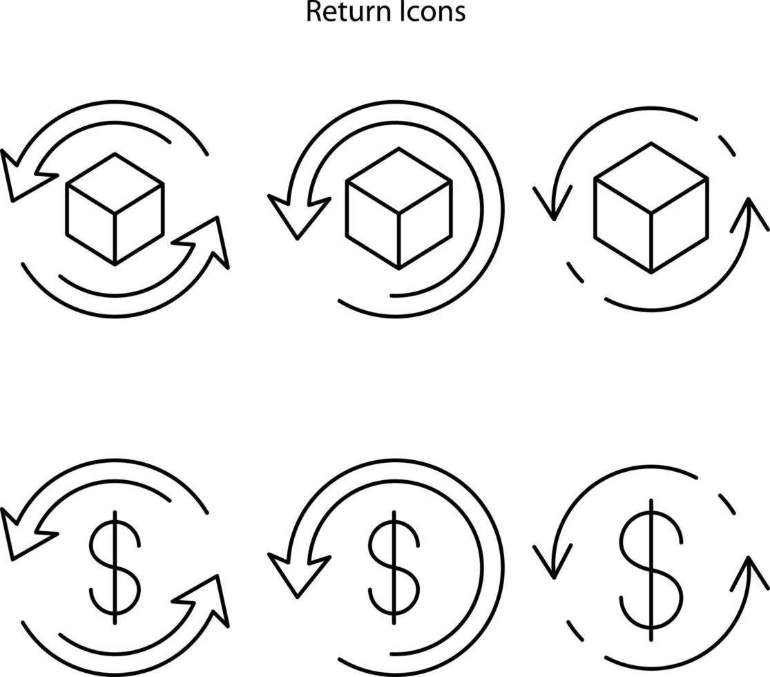ícone de compra de retorno. devolução do pacote, símbolos de devolução de entrega. pacote de retorno ao conceito do remetente. conjunto de ícones. vetor