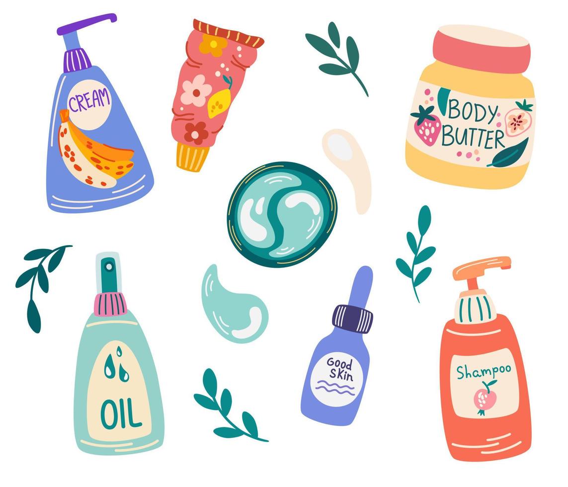 cosméticos para conjunto de autocuidado. shampoo, óleo, creme facial, creme para as mãos, limpador, tapa-olhos, manteiga corporal. produtos e ferramentas. conceito positivo, saúde, beleza e bem-estar. ilustração vetorial de desenho animado vetor