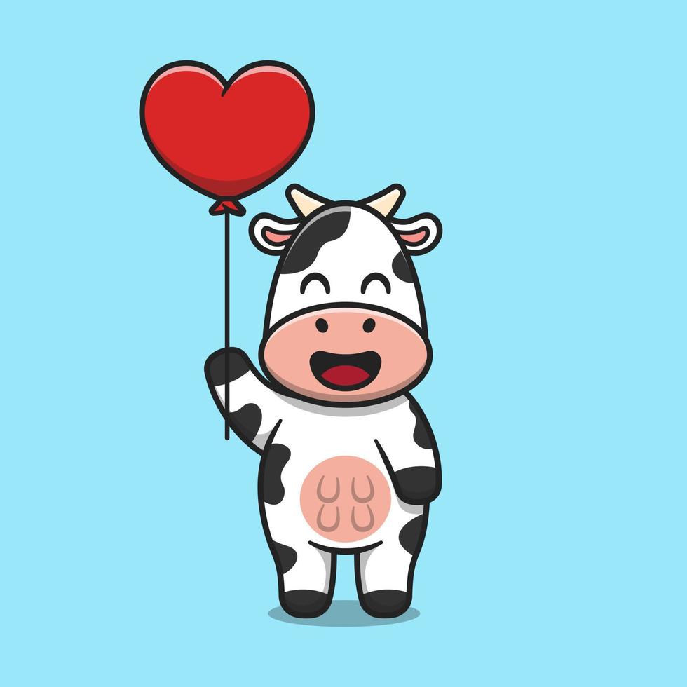 vaca bonitinha segurando ilustração de ícone de desenho animado de balão de amor vetor