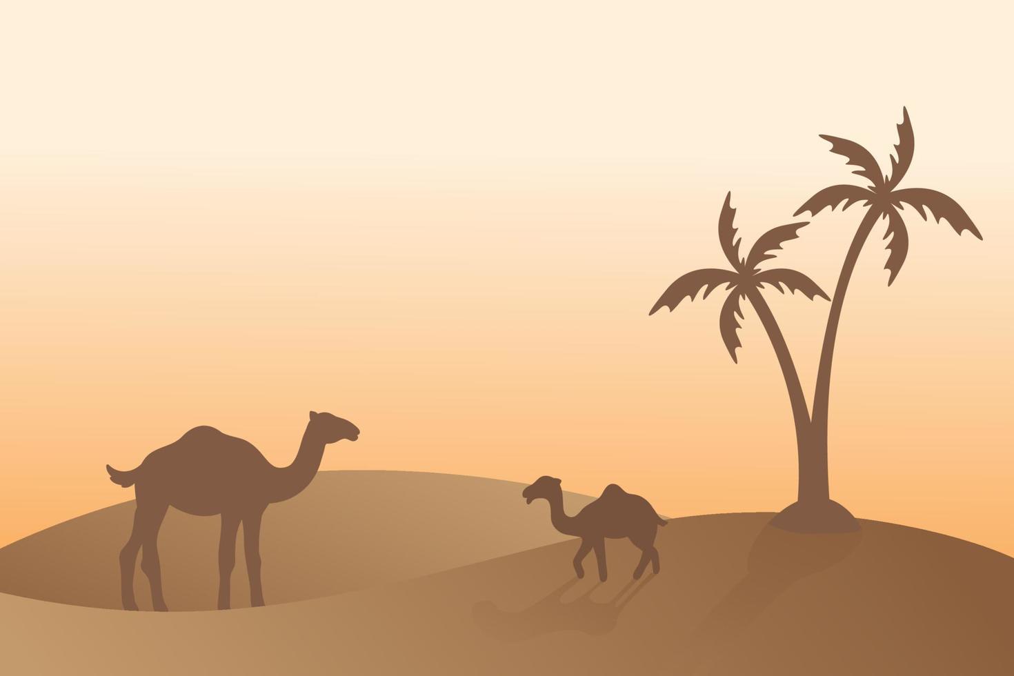 vetor de fundo de silhueta de camelo arabesco, noite de luz solar, areia do deserto, feriado de religião islâmica mubarak