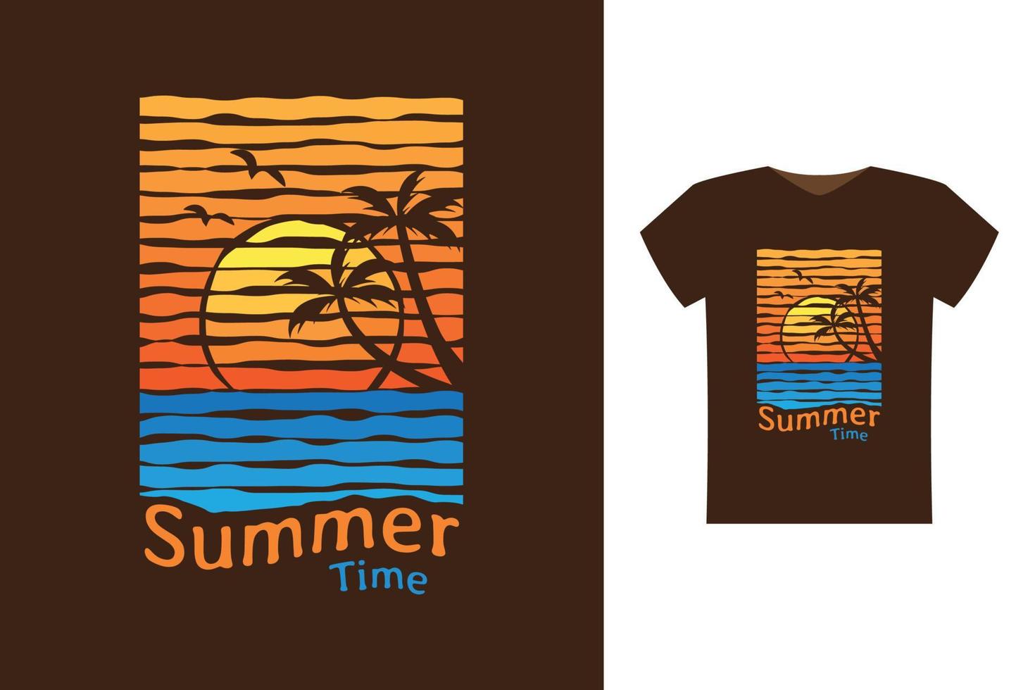 design de arte de horário de verão, belo pôr do sol na praia, colorido, palmeira de silhueta, para impressão em camiseta e mercadoria vetor