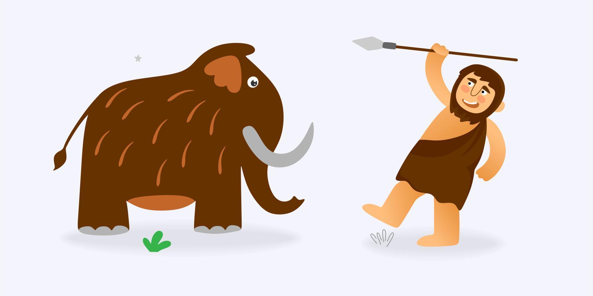 um homem primitivo caça um mamute em um estilo cartoon desenhado à mão. ilustração vetorial vetor