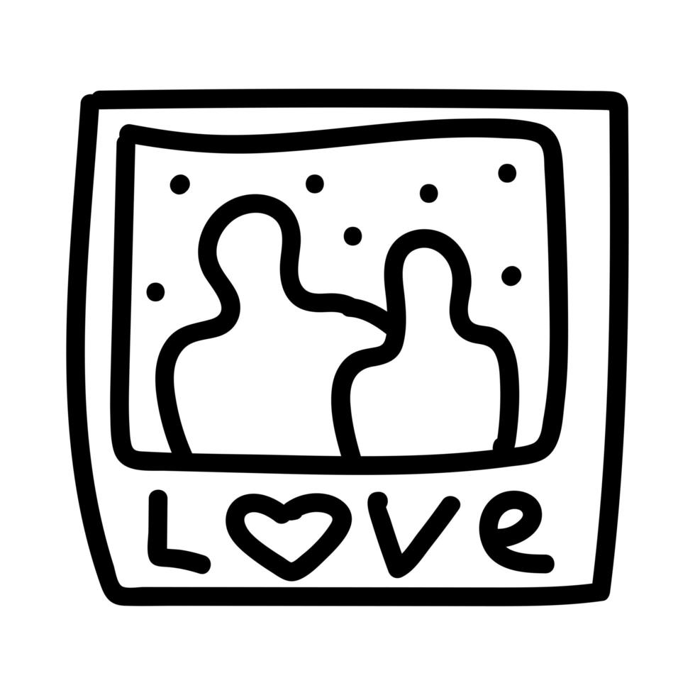 dia dos namorados doodle foto de ícone de um casal apaixonado e legenda letras amor com um coração. cartão de moldura instantânea para o dia do amor. ilustração desenhada à mão para web, cartão, panfleto, feriado, adesivo vetor