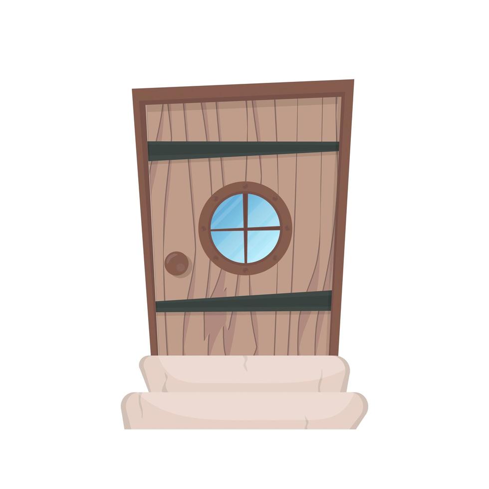 porta de entrada de madeira retangular antiga com uma janela redonda. estilo de desenho animado. isolado. vetor. vetor