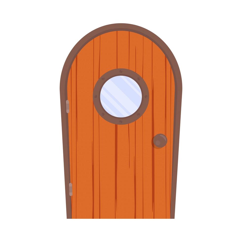 porta de madeira antiga com uma janela redonda. textura de madeira. estilo de desenho animado. isolado, ilustração vetorial. vetor