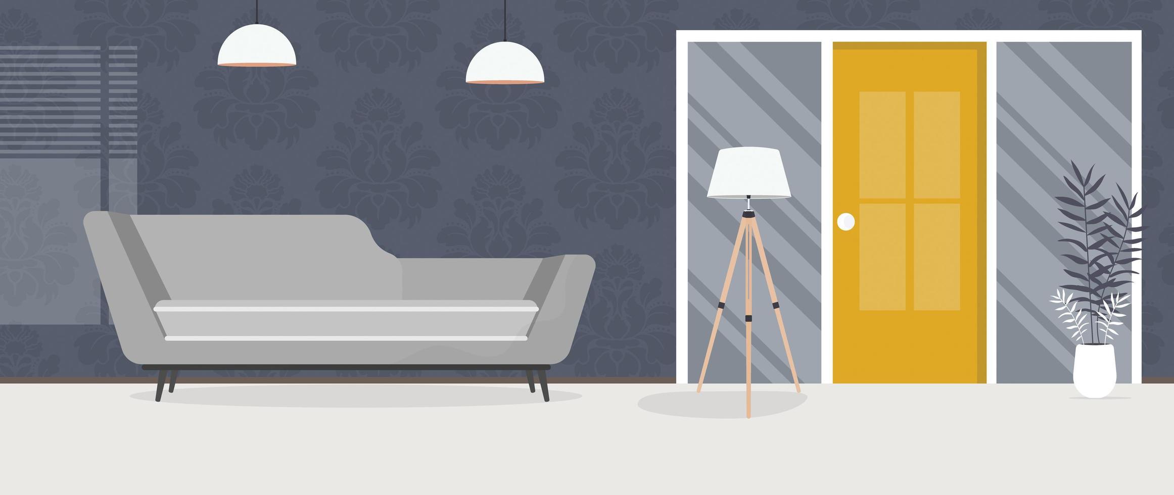 uma sala moderna com um sofá, uma lâmpada e uma planta de casa. estilo de desenho animado. ilustração vetorial. vetor