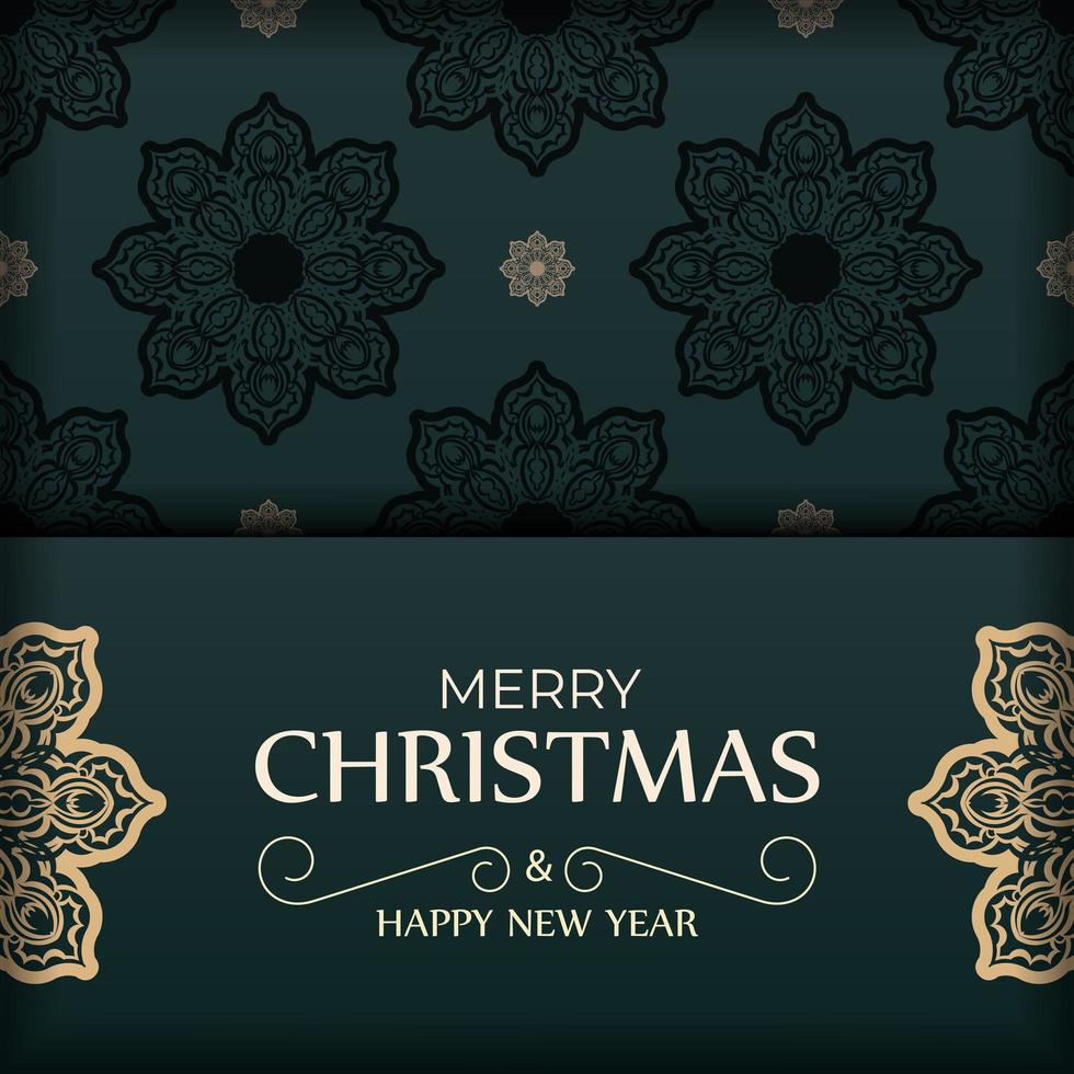 cartão de férias feliz natal e feliz ano novo na cor verde escura com padrão amarelo vintage vetor