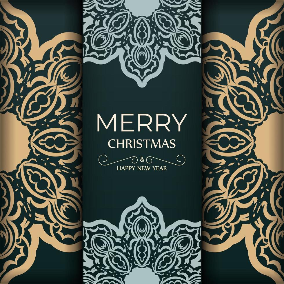 cartão de férias feliz natal e feliz ano novo na cor verde escura com ornamento amarelo vintage vetor