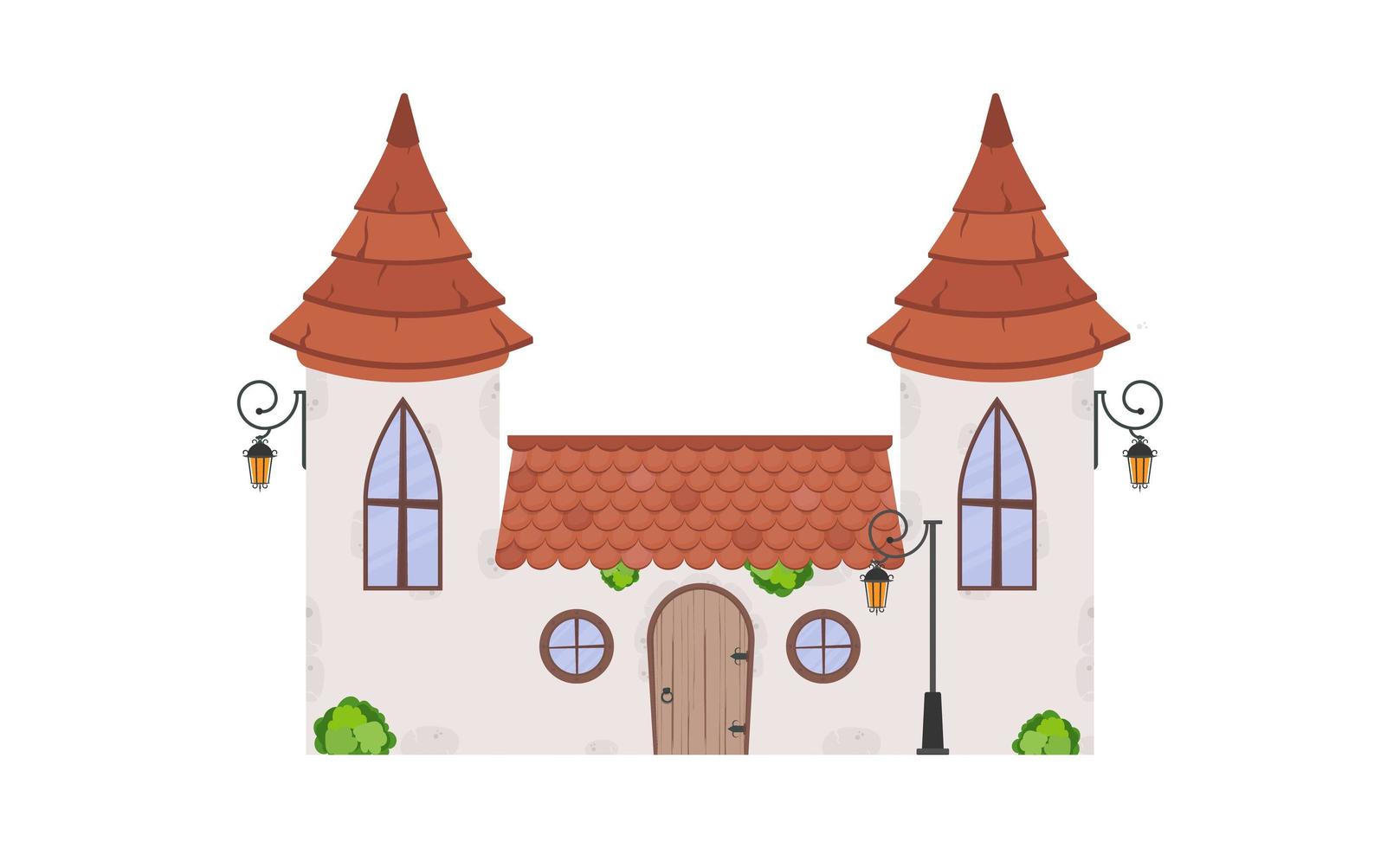 casa com torres. edifício de pedra com janelas, porta e telhado. estilo de desenho animado. para a concepção de jogos, postais e livros. isolado no fundo branco. ilustração vetorial. vetor