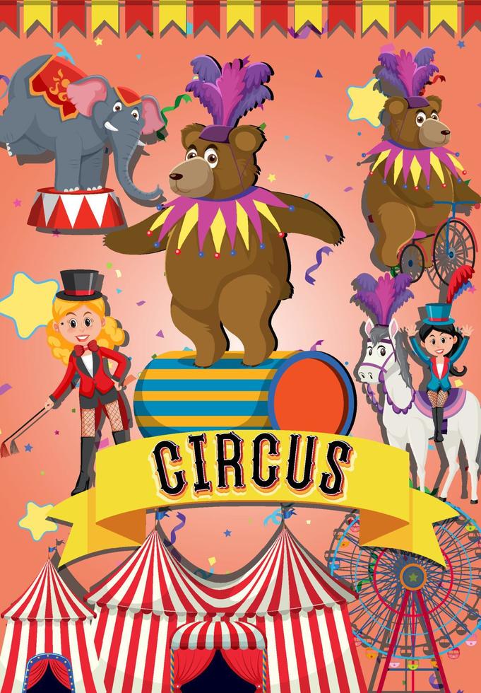 design de cartaz de circo com desempenho animal de ursos no palco vetor