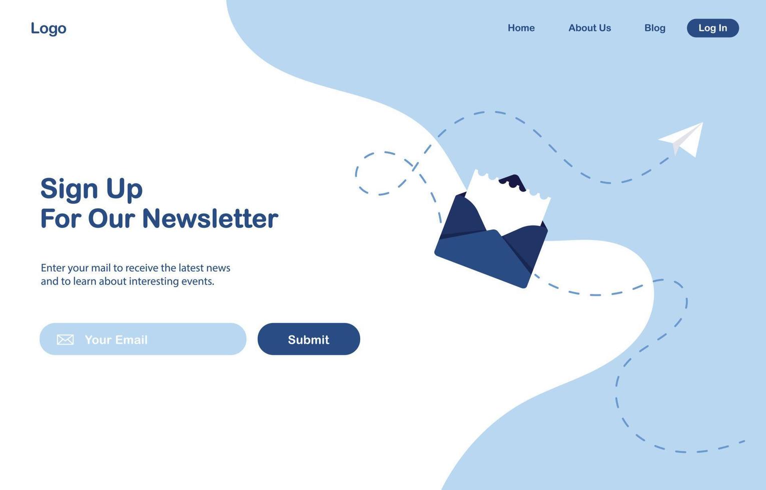 ilustração em vetor banner de e-mail marketing. assinatura de newsletter, notícias, ofertas, promoções. uma carta em um envelope. modelo de botões. subscrever, submeter. enviar pelo correio. azul e branco. eps 10