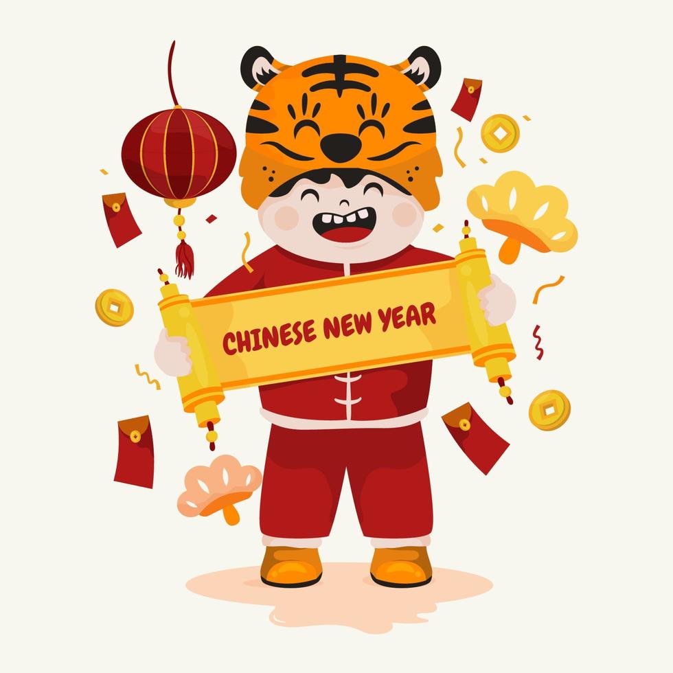 um menino bonitinho vestindo design de personagens de fantasia de tigre para saudações de ano novo chinês vetor