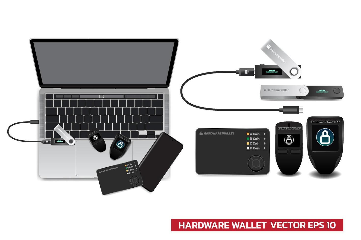 conjunto de hardware carteira dispositivo moeda criptográfica armazenamento a frio coletor de moedas vetor