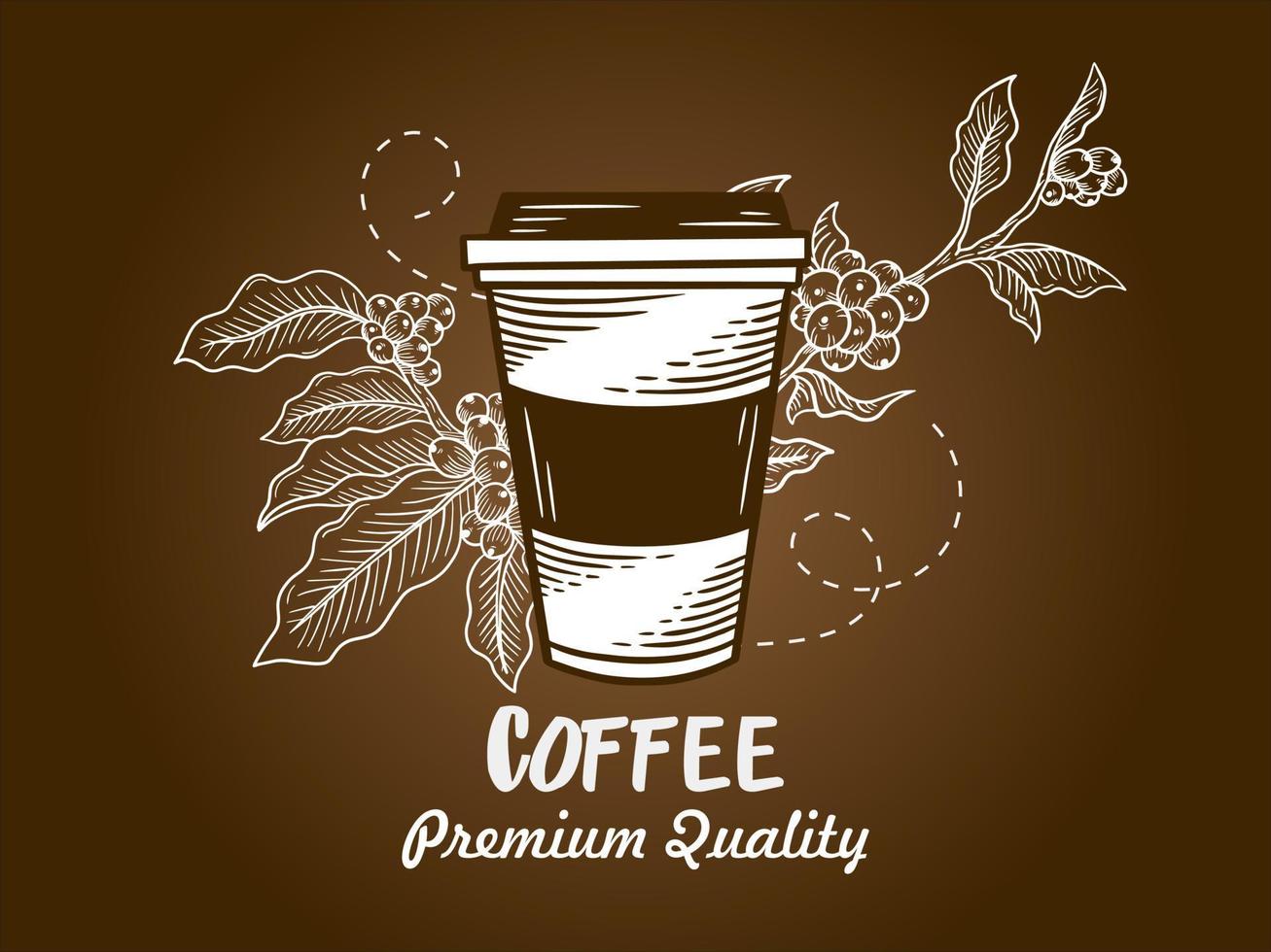 xícara de grãos de café desenhado à mão com ilustração de fundo de galho vetor