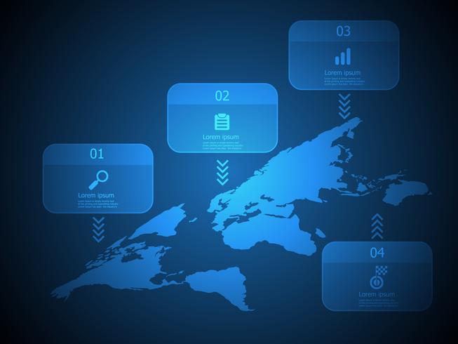 mapa do mundo com caixas infográficos 4 passos vetor