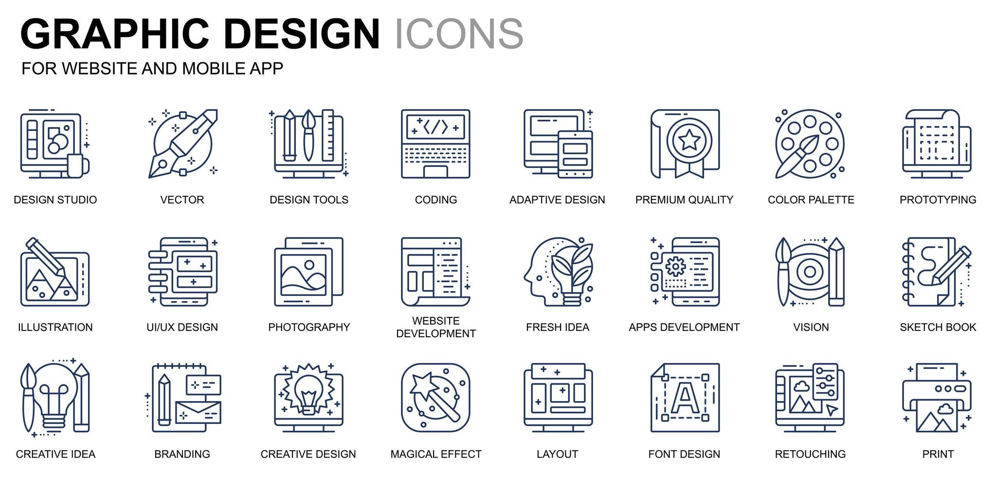 conjunto simples de ícones de linha de design gráfico e web para sites e aplicativos móveis. contém ícones como estúdio, ferramentas, desenvolvimento de aplicativos, retoques. ícone de linha de cor conceitual. pacote de pictograma de vetor. vetor