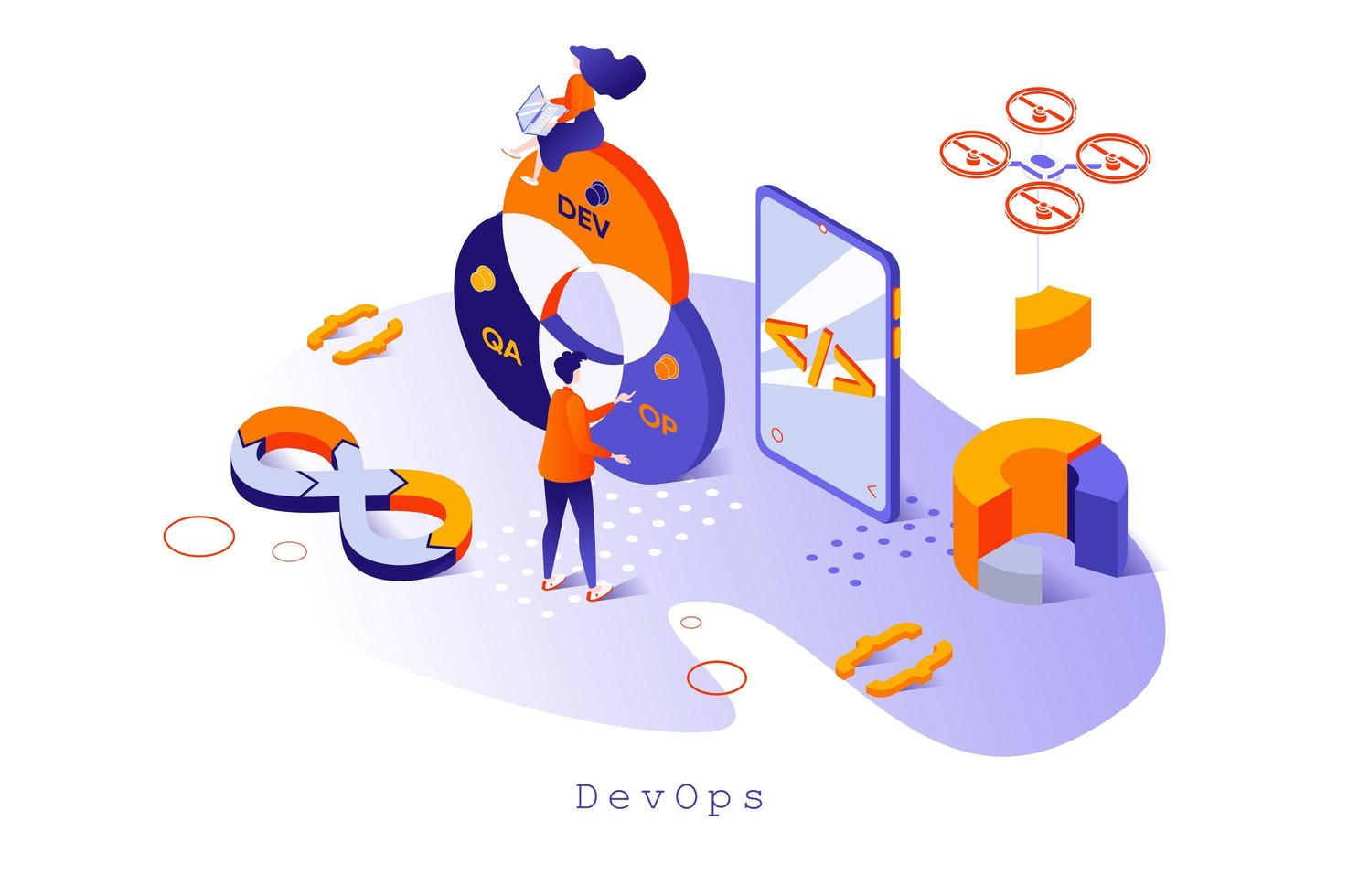 conceito de devops em design isométrico 3d. operações de programação e desenvolvimento, administração de trabalho e serviço de gerenciamento de fluxo de trabalho, modelo de web com cena de pessoas. ilustração vetorial para página da web vetor