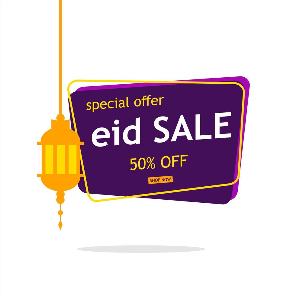 design de banner de venda eid com lanterna pendurada e oferta de 50% de desconto vetor