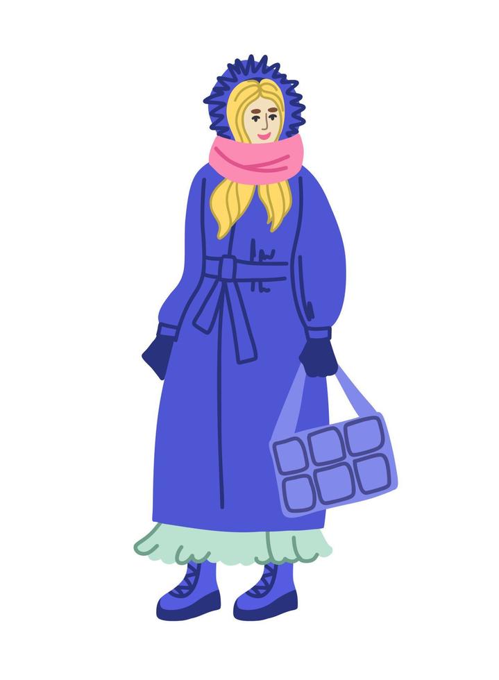 uma garota com um casaco longo de inverno com um volumoso snood, uma bolsa grande e sapatos de plataforma. roupas da moda de inverno e outono. estilo de rua. ilustração em estilo simples vetor