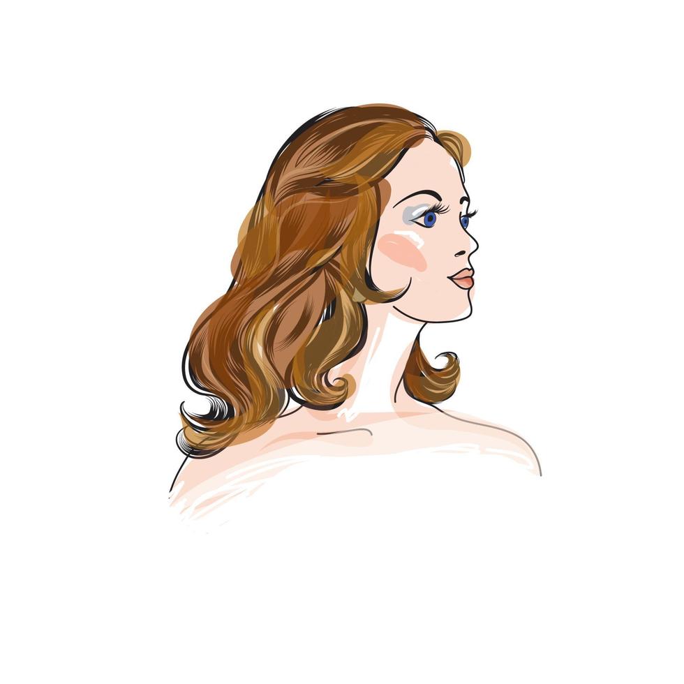 rosto de mulher jovem. retrato feminino. perfil de senhora com lindos cabelos longos. símbolo do salão de beleza vetor