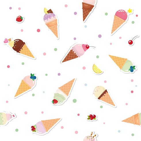 Fundo festivo padrão sem emenda com cones de sorvete de recorte de papel, frutas e bolinhas. Para impressão e web. vetor