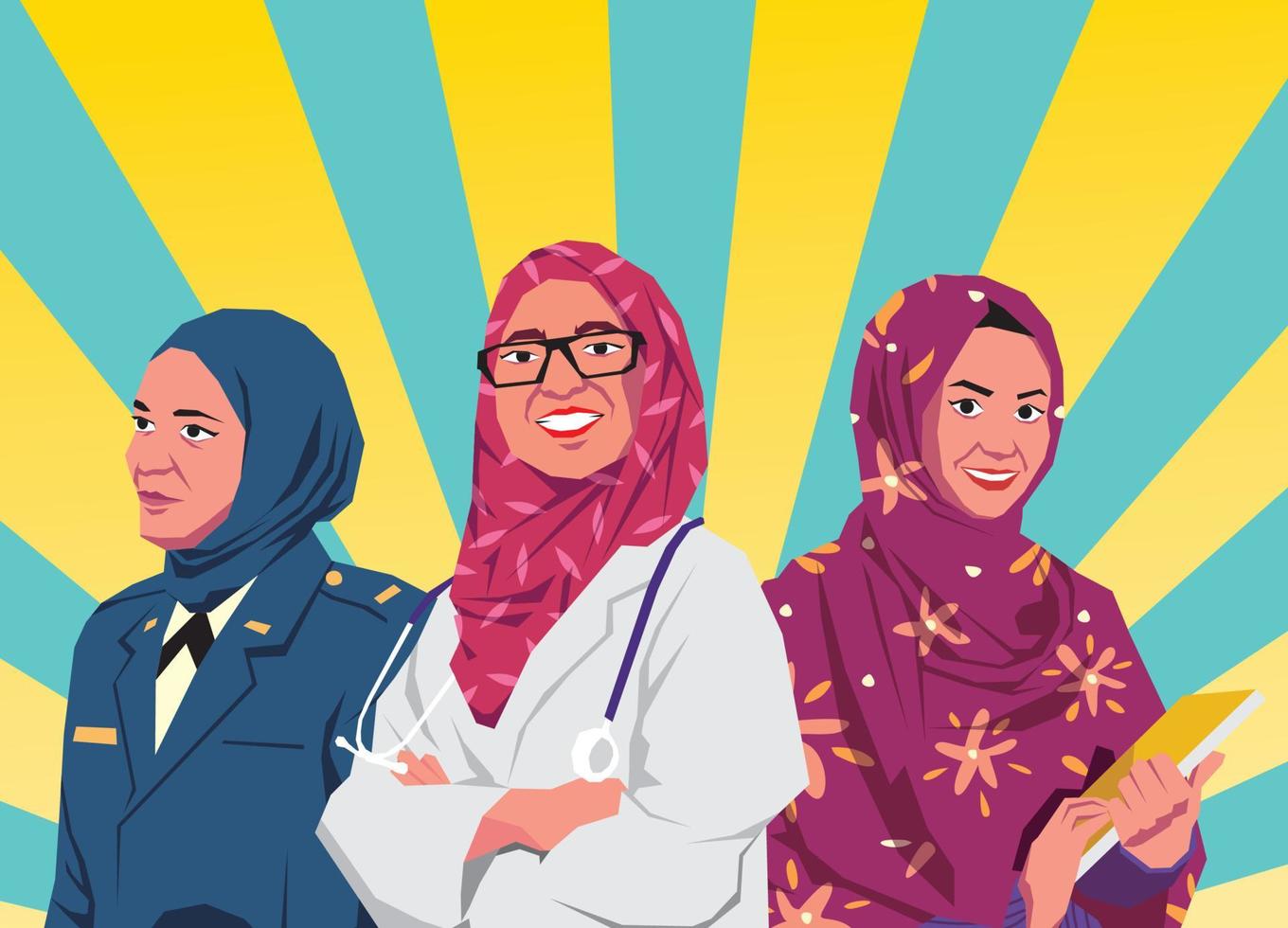 ilustração vetorial de três mulheres muslimah profissões capelão, médico, estudante vetor