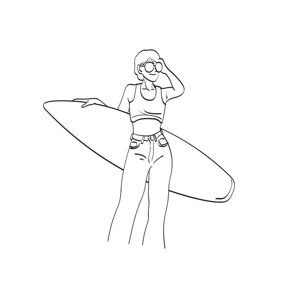 mulher com óculos de sol segurando pequena prancha de surf ilustração vetorial desenhada à mão isolada na arte de linha de fundo branco. vetor