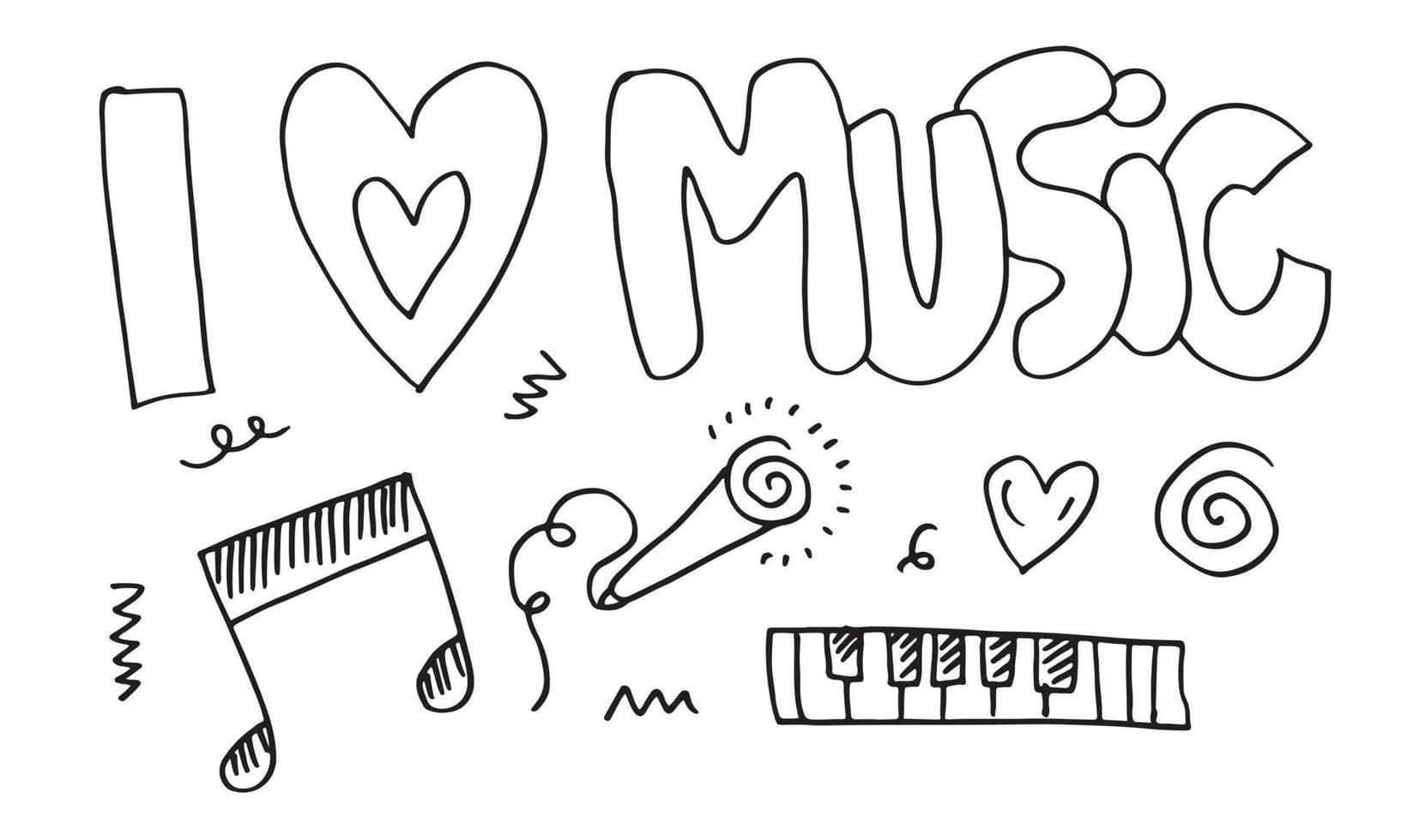 eu amo música com notas musicais, coração, microfone e redemoinhos em fundo branco. vetor