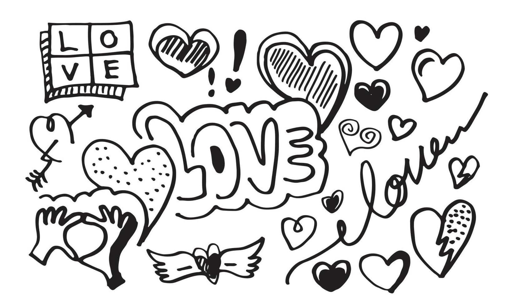 rabiscos desenhados à mão para o dia dos namorados. coleção de belos corações e escritos amor em fundo branco. ilustração vetorial. vetor