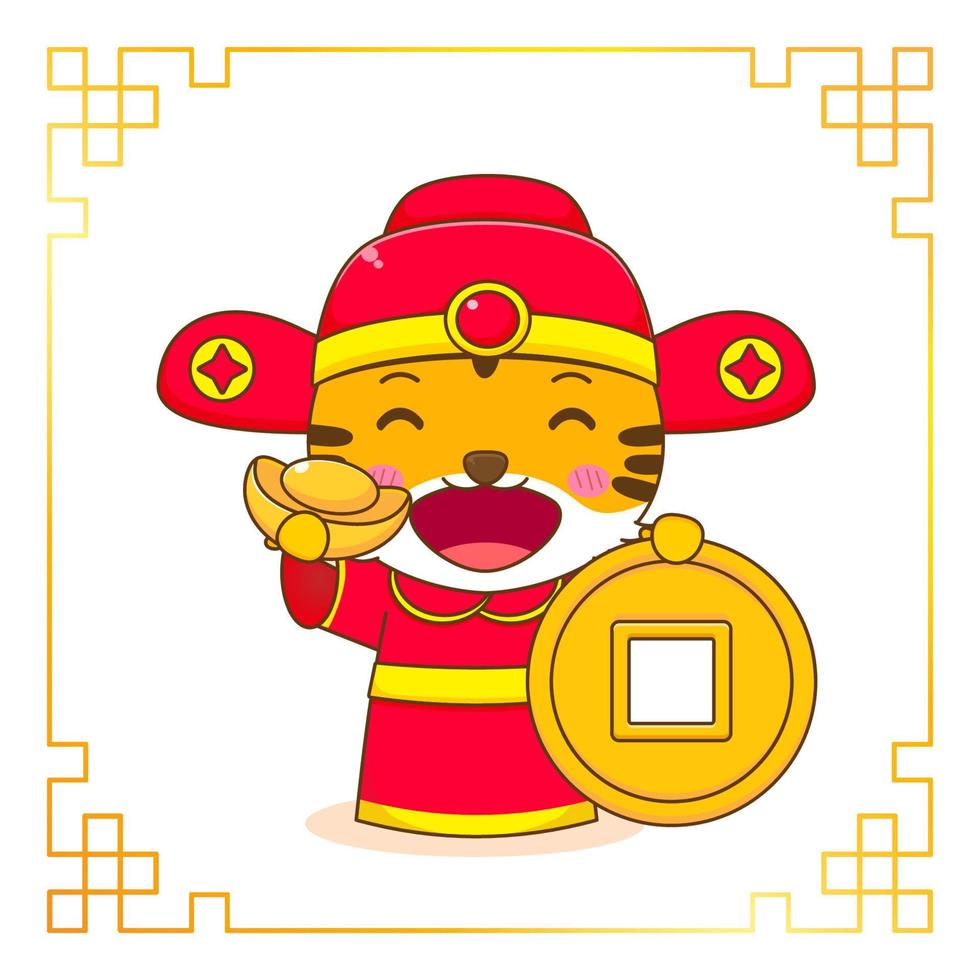 tigre bonito em personagem de desenho animado de fantasia de deus da riqueza. celebração do ano novo chinês. vetor