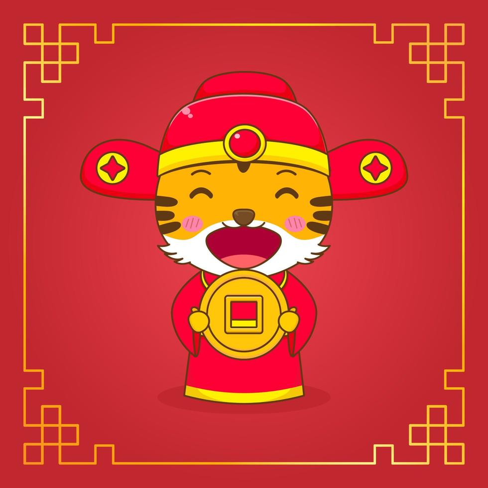 tigre bonito em personagem de desenho animado de fantasia de deus da riqueza. celebração do ano novo chinês. vetor